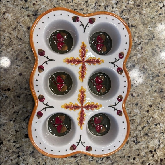 Temptations Other - Temptations Fall stoneware Ceramic 6 muffin Tray with acorn Design Thanksgiving